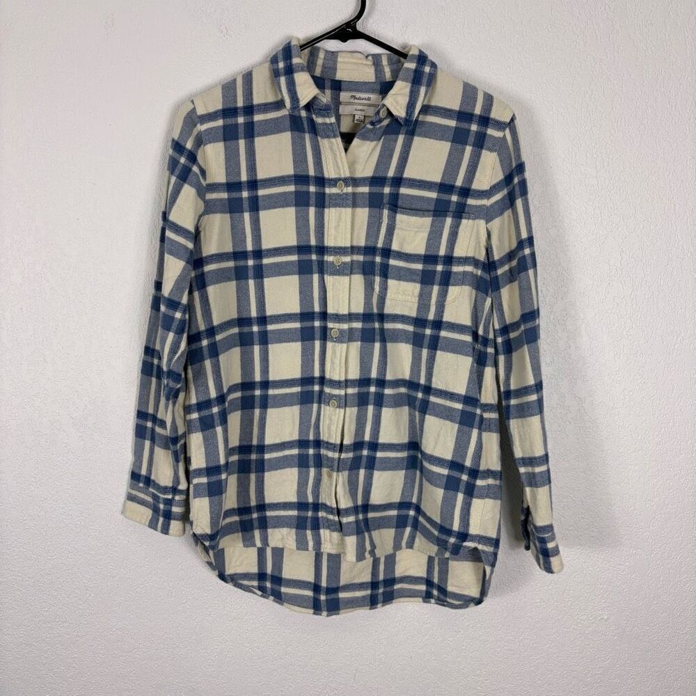 Madewell Flannel Top Cream & Blue Plaid Fleece Button Front Long Sleeve Top S